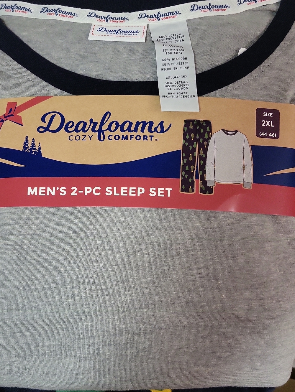 dearfoams Men's 2-Piece Sleep Set in Light Gray with Navy Trim